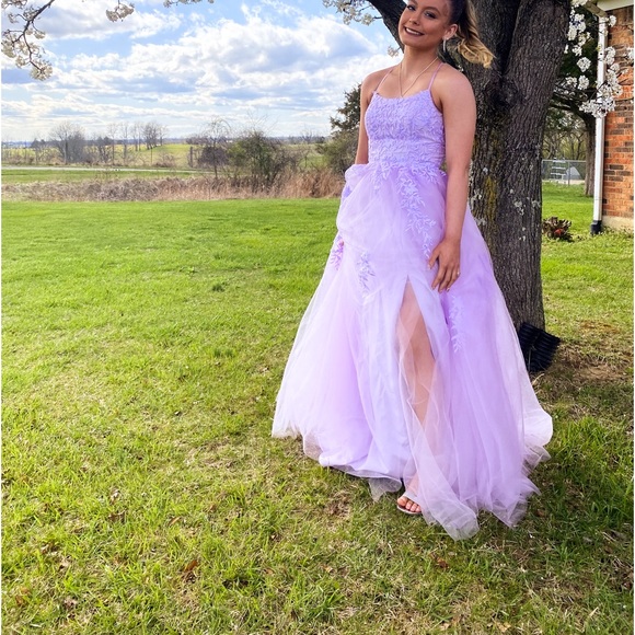 strapless open back dress Chic A-line V neck Lace Beaded Long Prom Dress Lilac Elegant Evening D –  SELINADRESS main image 1